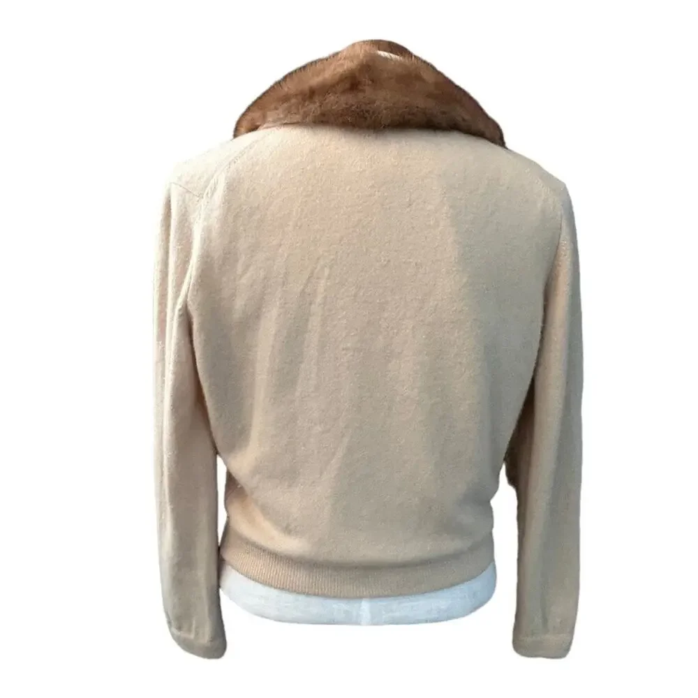 1950s Cashmere Cardigan Detachable Mink Fur Collar Rhinestone Clasp Glam SM - Picture 10 of 13